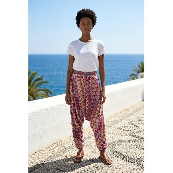 Buddha Pants Other - Buddha Pants Pink Geometric Zigzag Harem Pants Drop Crotch Boho Joggers Small